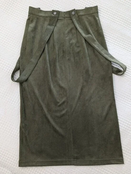 Designer Olive Burnt Stretch Pencil Skirt Velour-Like Heavy Fabric - Picture 3 of 8